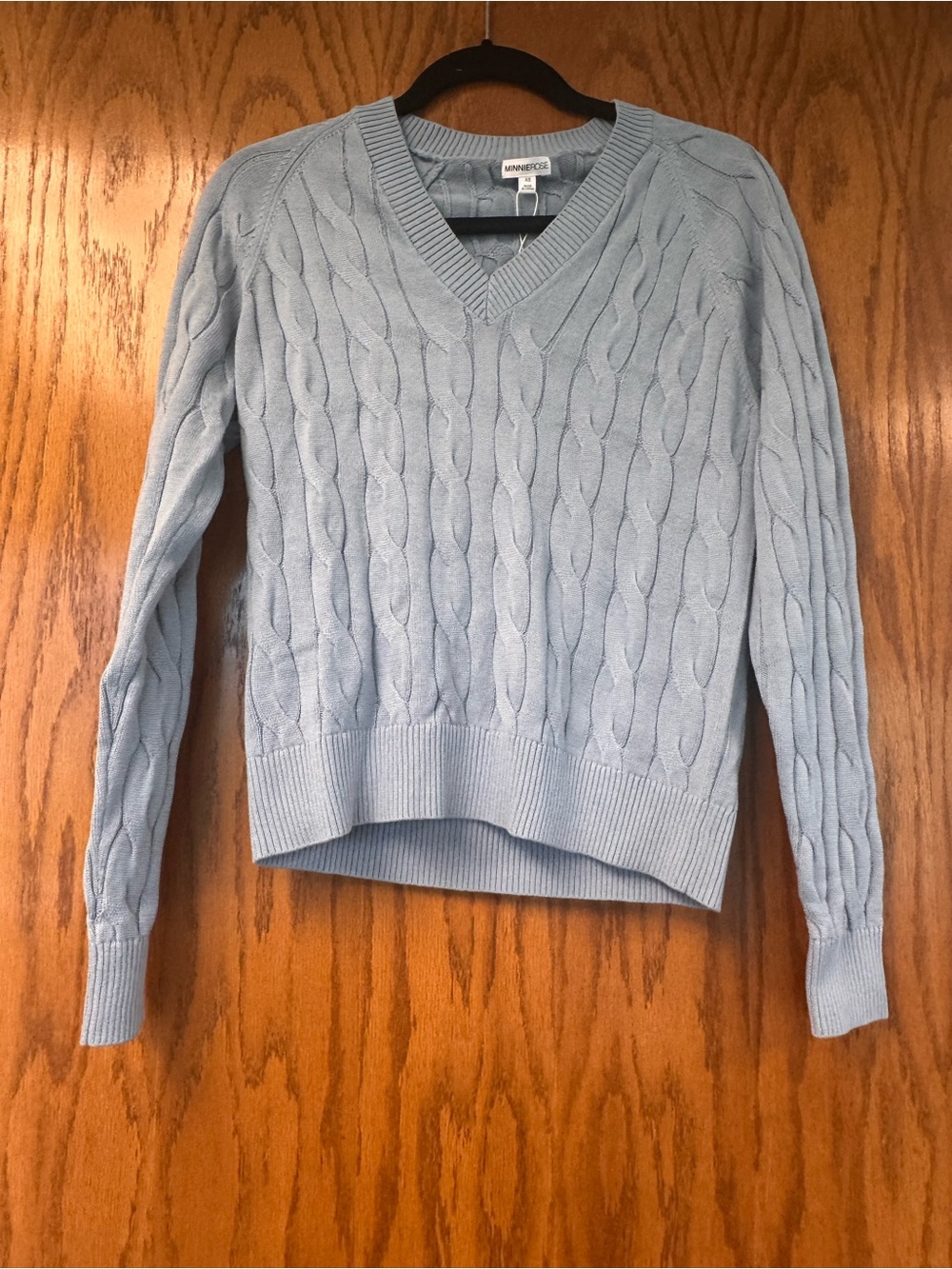 Minnie Rose Pale Blue Cable-Knit V-Neck Sweater